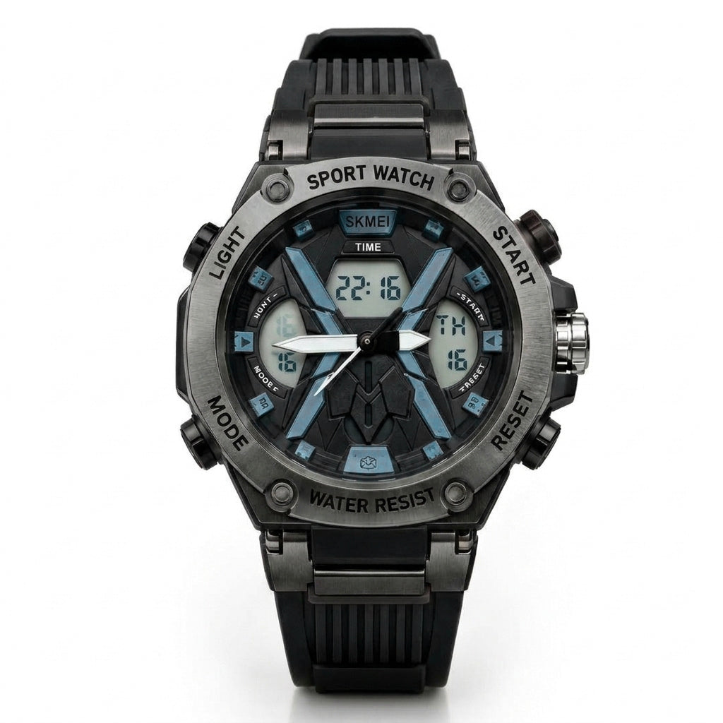 SKMEI 2602 Black Gun Metal Blue Sport Watch - Front View