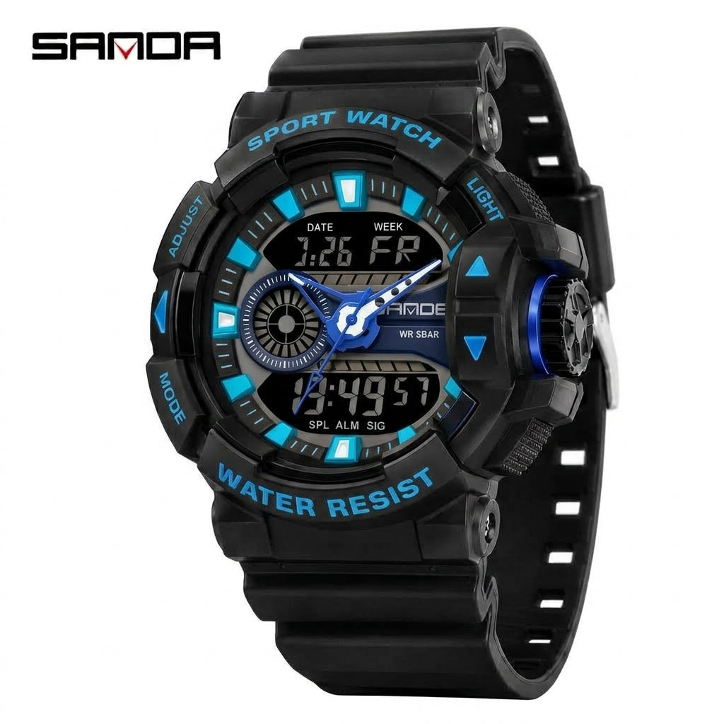 SANDA 3129 Black Blue Sport Watch - Side Angle