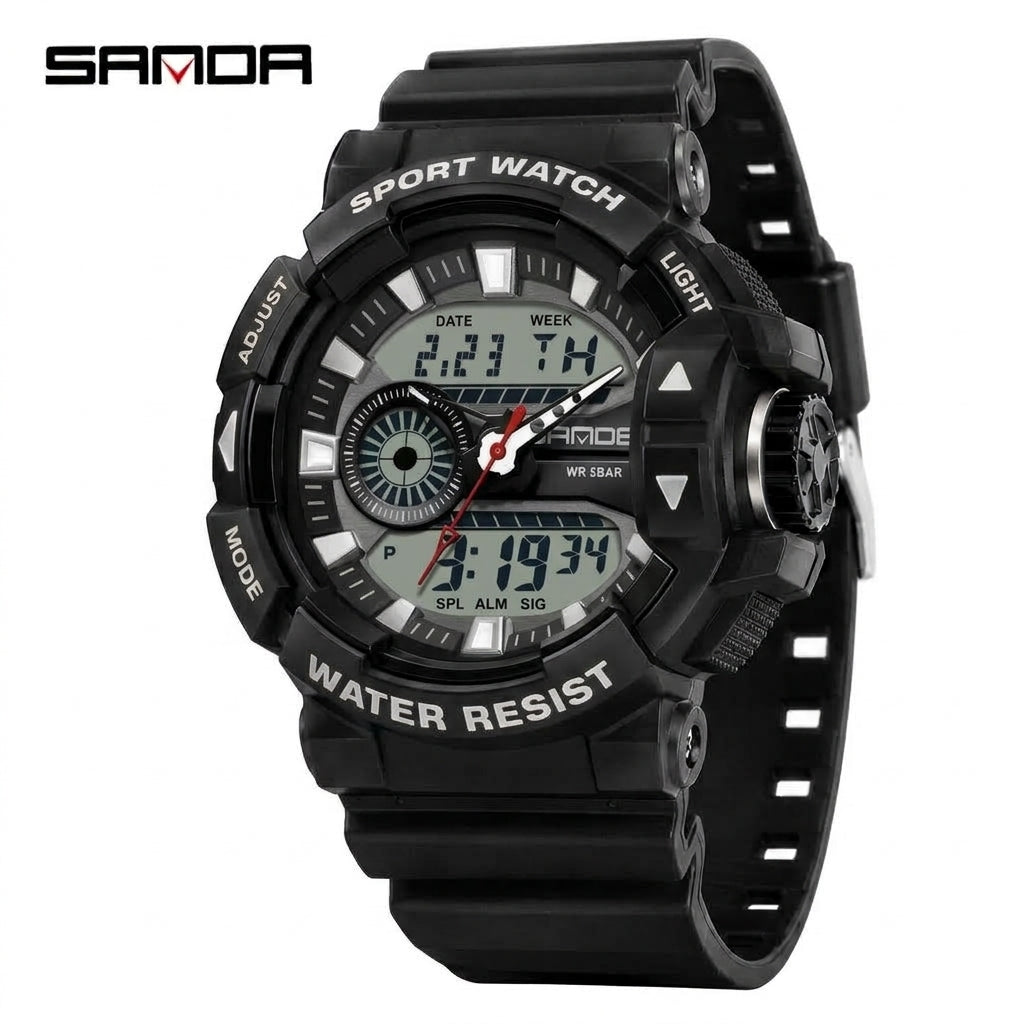 SANDA 3129 Black White Sport Watch - Front View