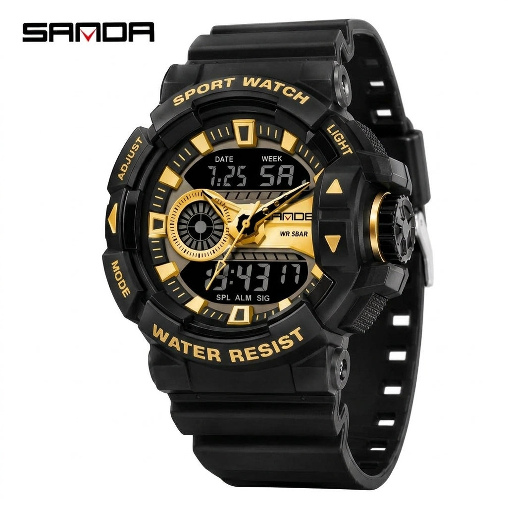 SANDA 3129 Black Gold Men's Sport Tactical Watch - Front View