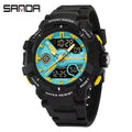 SANDA 6226 Sports Watch – front view, black case with teal and yellow dial
