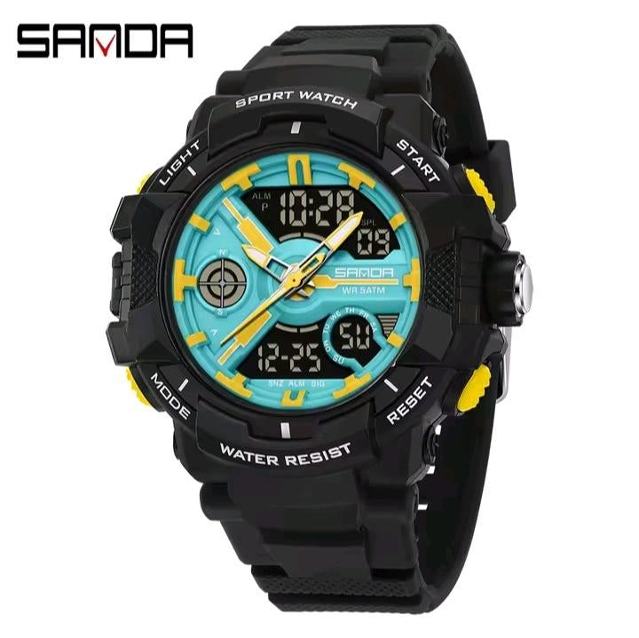 SANDA 6226 Sports Watch – front view, black case with teal and yellow dial