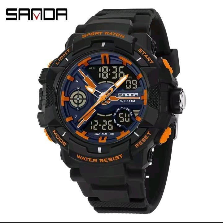 SANDA 6226 Sports Watch – Black / Orange, front view