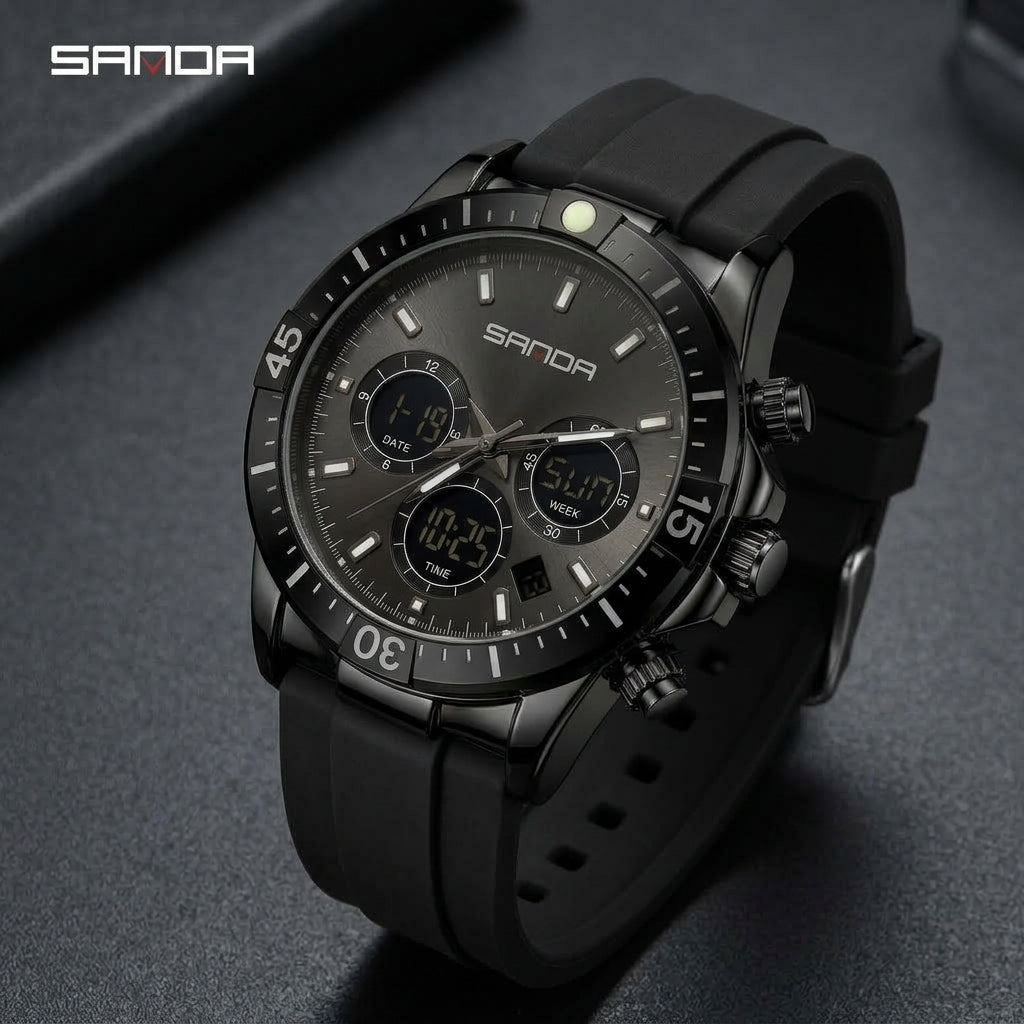SANDA 6192 Full Black Men's Sport Watch - Front View