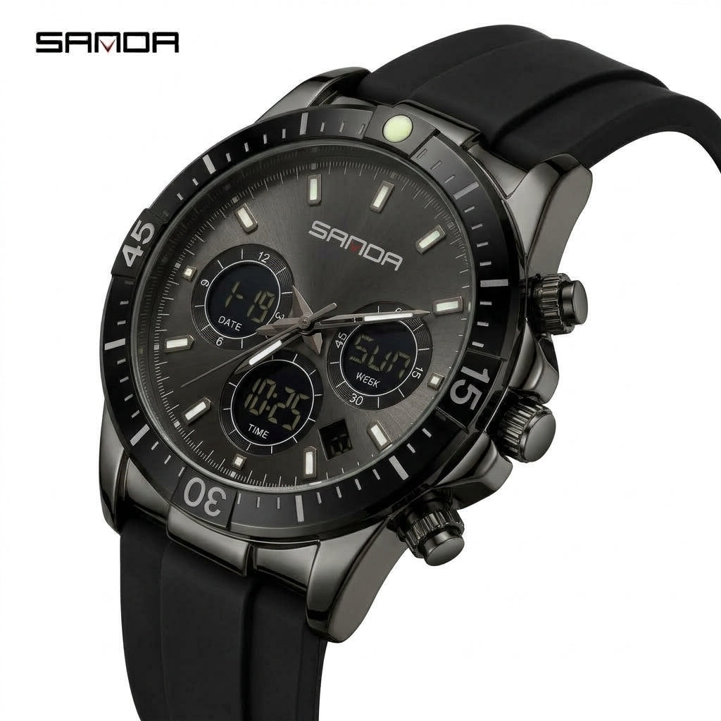 SANDA 6192 Full Black Men's Sport Watch - Side Angle View