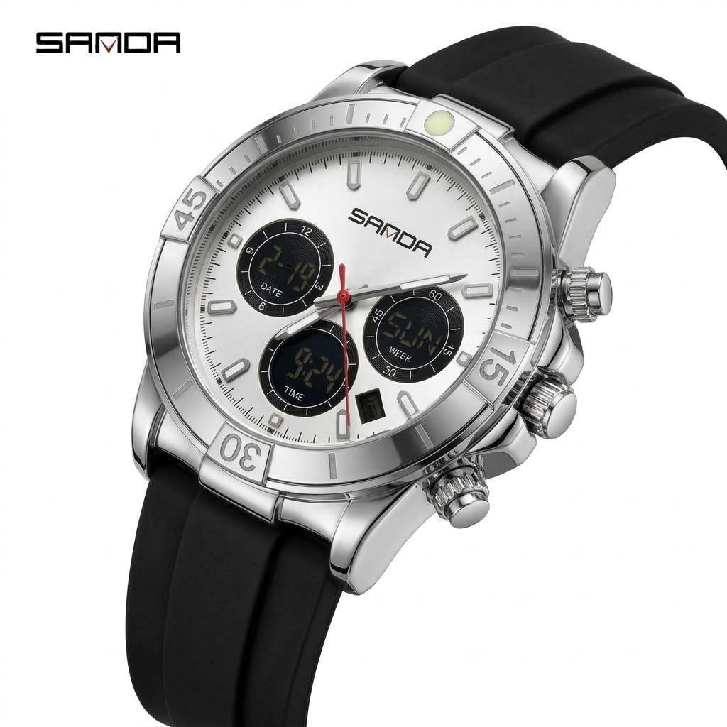 SANDA 6192 Silver White Men's Sport Watch - Side Angle View