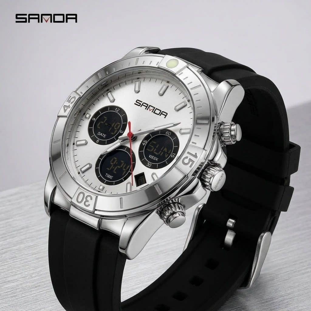 SANDA 6192 Silver White Men's Sport Watch - Front View