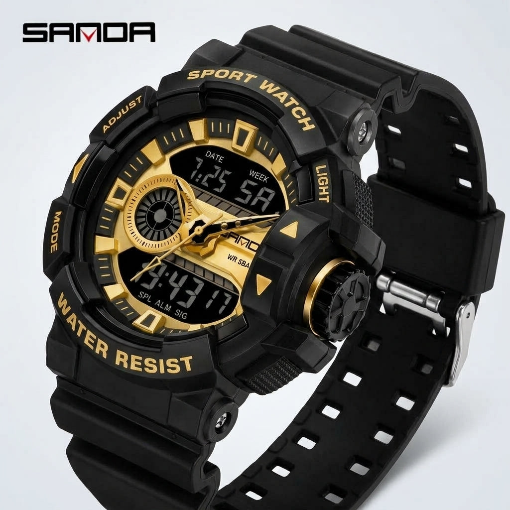 SANDA 3129 Black Gold Men's Sport Tactical Watch - Side Angle View