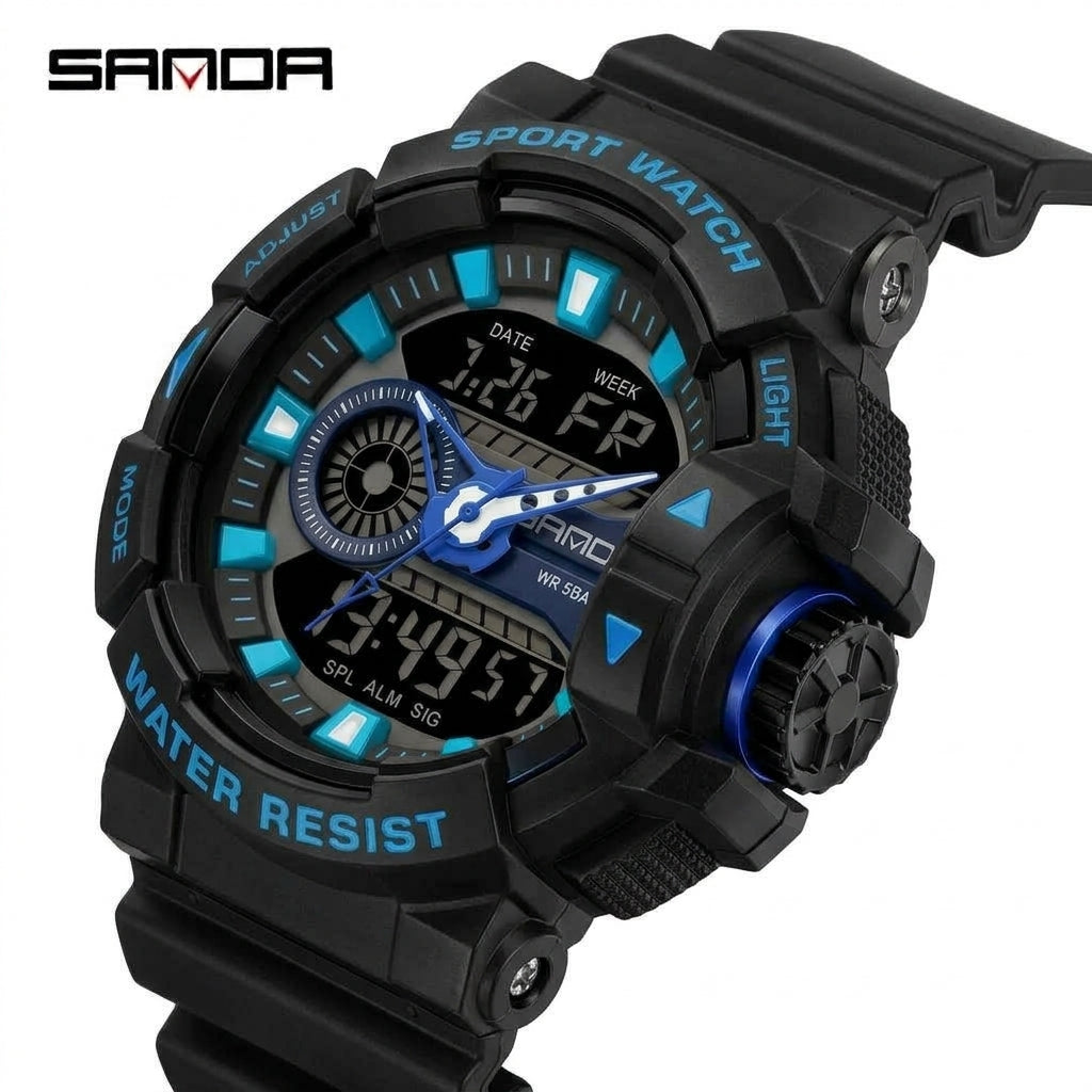 SANDA 3129 Black Blue Sport Watch - Front View