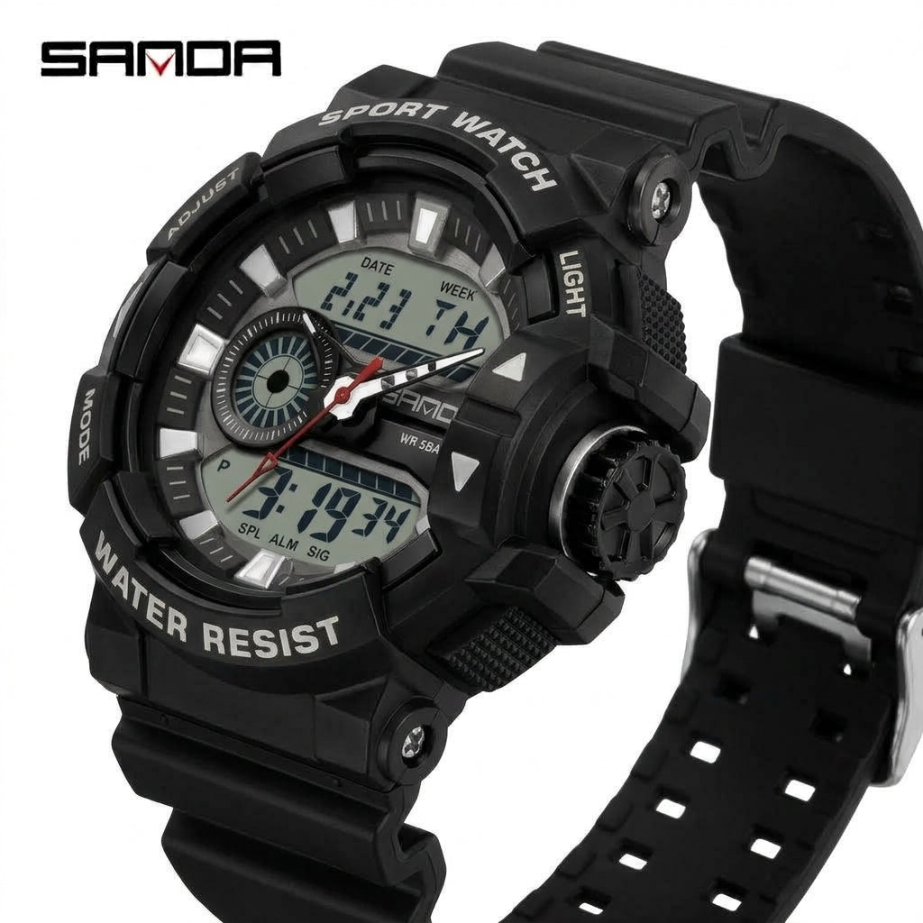 SANDA 3129 Black White Sport Watch - Side Angle