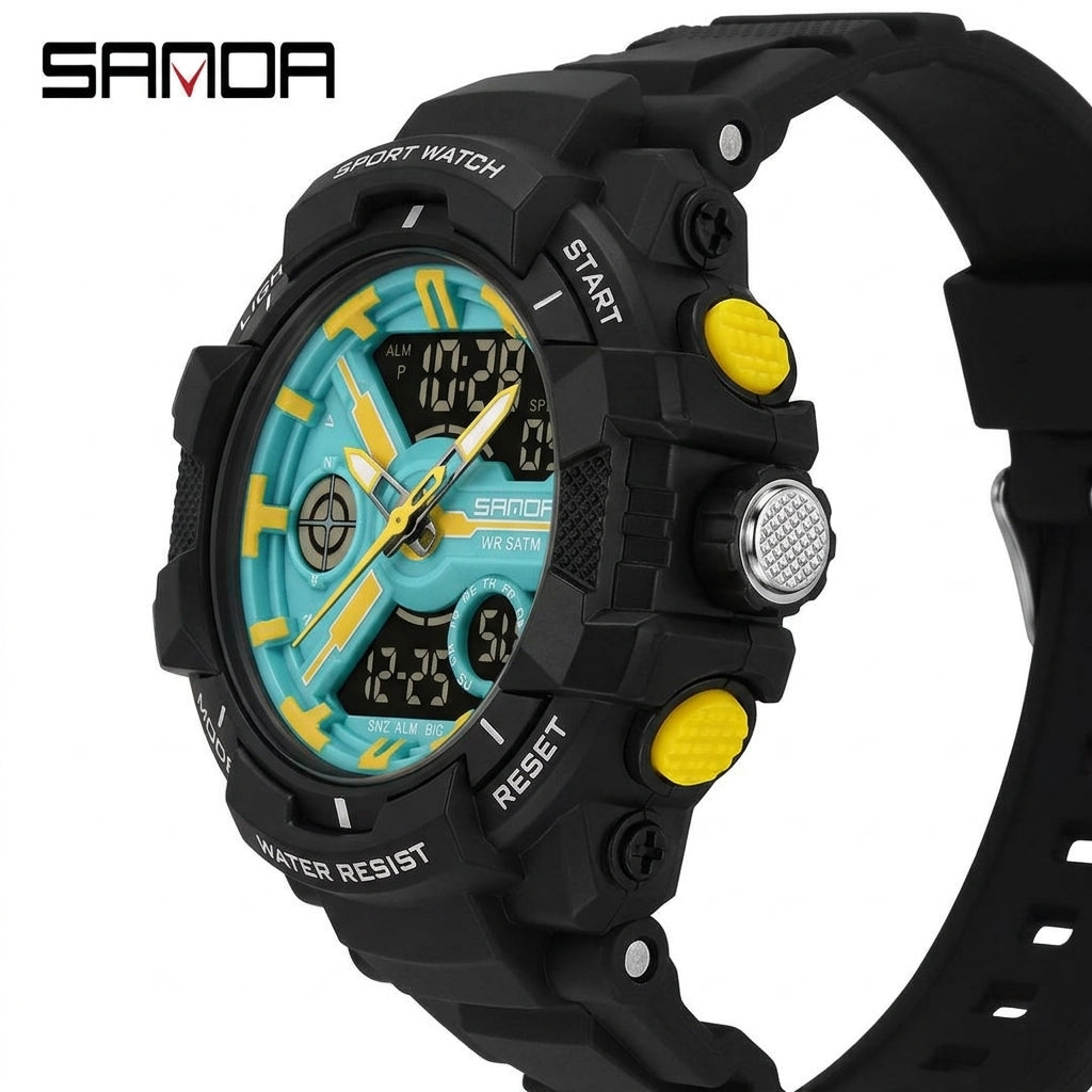 SANDA 6226 Sports Watch – side angle view showing pushers and wet surface