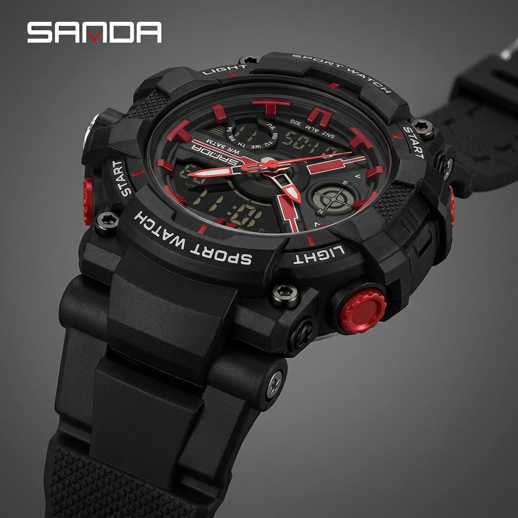 SANDA 6226 Sports Watch – Black / Red, side angle view