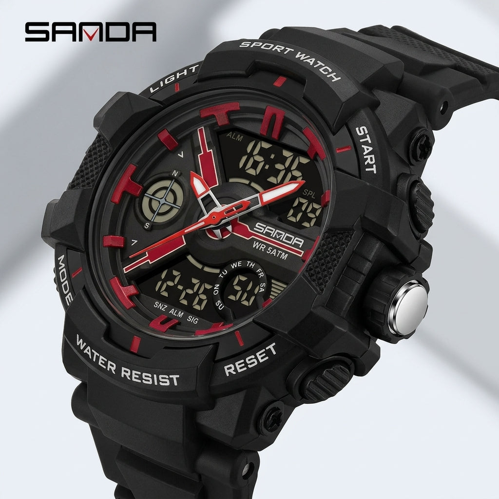 SANDA 6226 Sports Watch – Black / Red, three-quarter angle view