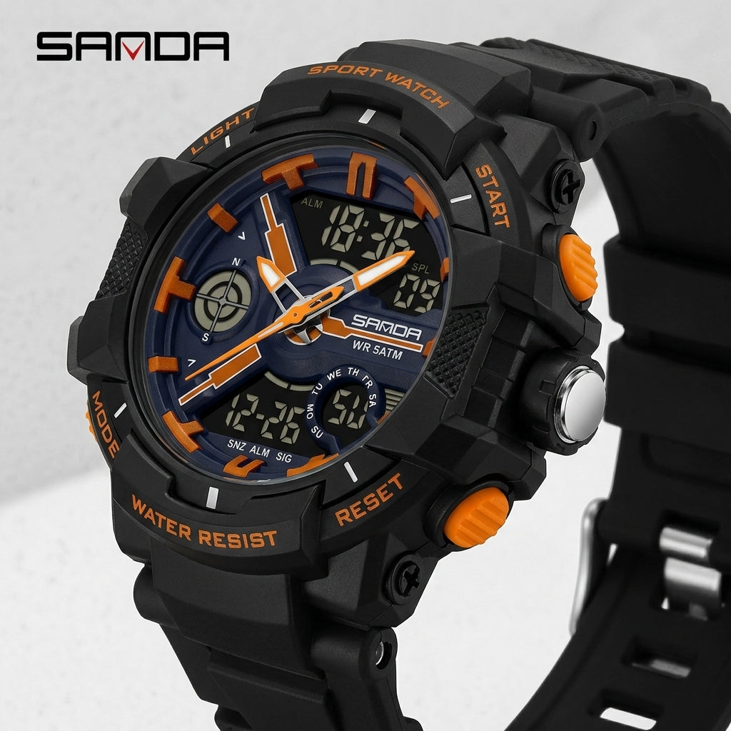 SANDA 6226 Sports Watch – Black / Orange, side angle view