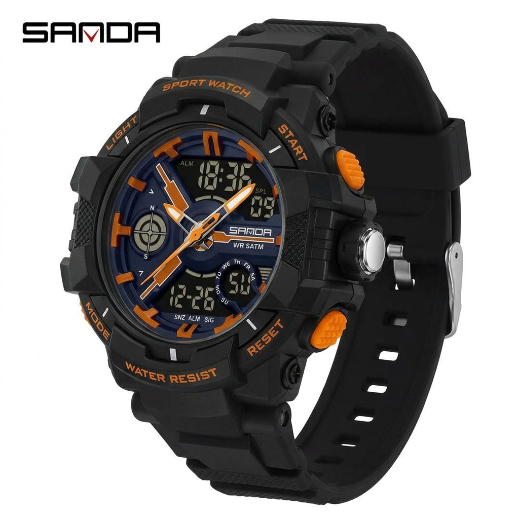SANDA 6226 Sports Watch – Black / Orange, three-quarter angle view