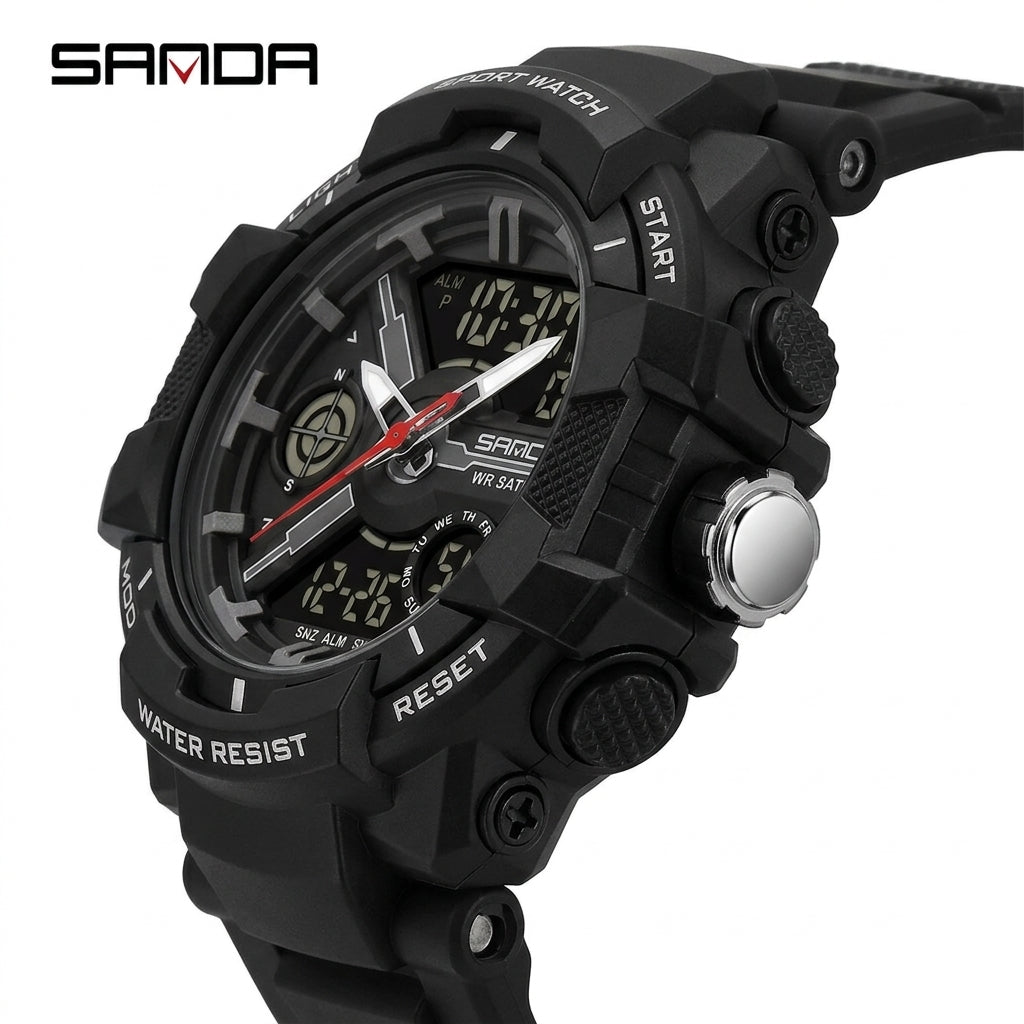 SANDA 6226 Sports Watch – All Black, three-quarter angle view