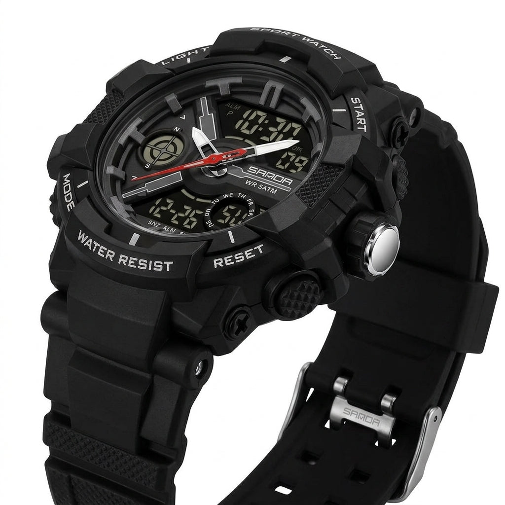 SANDA 6226 Sports Watch – All Black, side angle with clasp detail